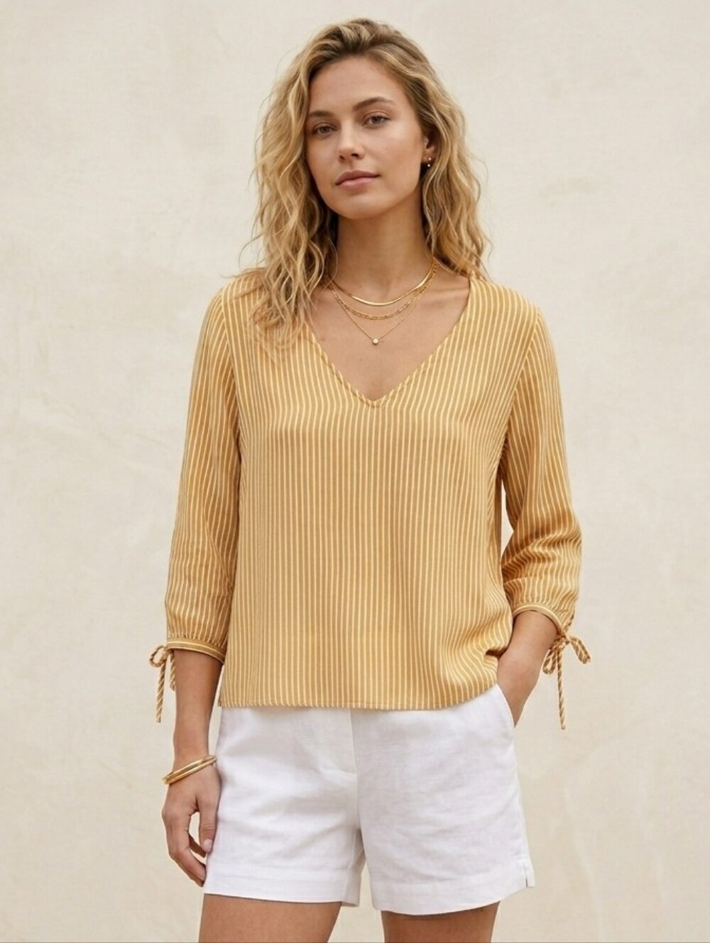 H&M Golden Mustard Yellow Ribbed V-Neck Tie-Cuff Blouse Top Size 6